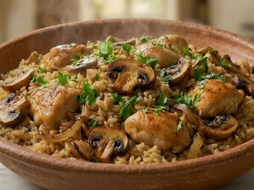 Riz sauté au poulet et aux champignons