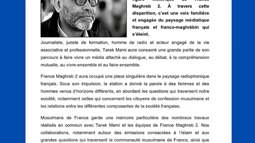 Musulmans de France rend hommage à Tarek Mami