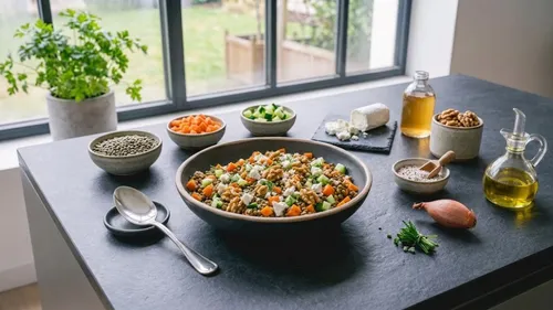 Salade tiède de lentilles, fromage de chèvre et noix