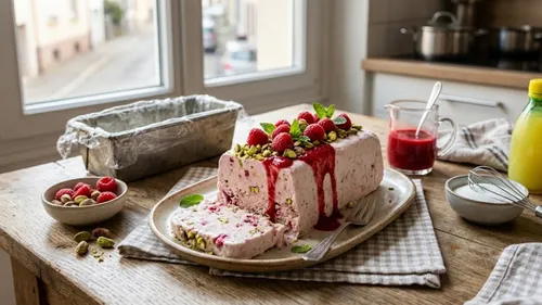 Semifreddo aux framboises et pistaches : glace italienne crémeuse...