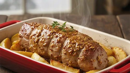 Filet mignon de porc à la moutarde, miel et pommes caramélisées