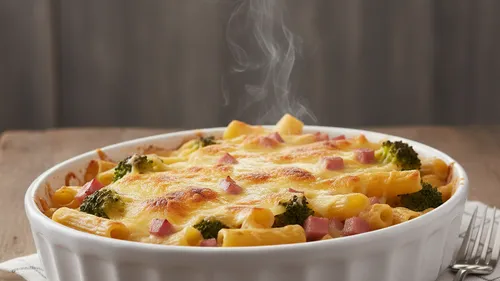 Gratin de pâtes au brocoli, gouda et jambon