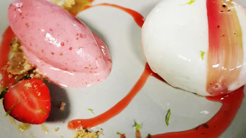 Entremet Rhubarbe- Chocolat blanc Sorbet Fraise par ArtCooking