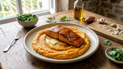 Saumon laqué au sirop d'érable et purée de patates douces