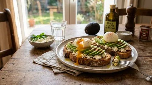  Tartine à l'avocat, feta et œuf coulant