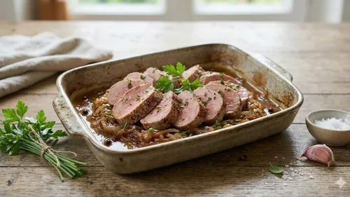 Filet mignon de porc aux oignons caramélisés