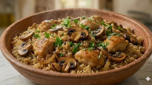 Riz sauté au poulet et aux champignons