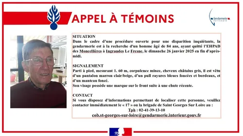 Ingrandes-sur-Loire. Un octogénaire disparu depuis dimanche 26 janvier