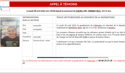 Disparition de Jilani dans les PO (retrouvé à Marseille)
