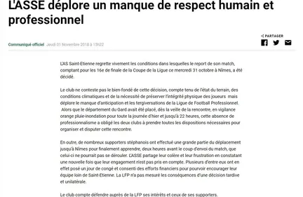Foot : L'ASSE fustige la Ligue au nom de ses supporters