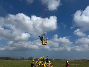 Des équilibristes travaillent à 50 mètres de hauteur entre...