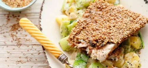 Truite au sésame aux poireaux et pommes de terre