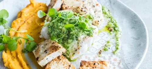 Poisson à la sauce pesto et purée de patate douce