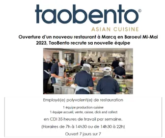 TAOBENTO recrute pour son nouveau restaurant à Marcq en Baroeul