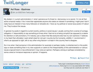 Axl Rose défend son droit de parler politique sur Twitter