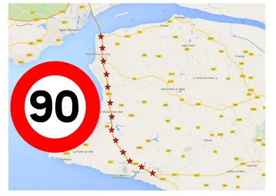 La route bleue passe à 90 km/h au lieu de 110 entre Pornic et le...
