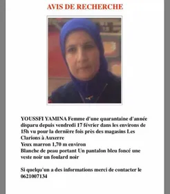 Yonne : toujours aucune trace de Yamina Youssfi