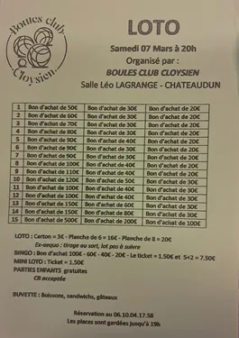 CHÂTEAUDUN - Loto par les Boules Club Cloysien