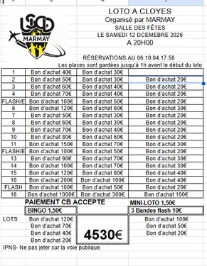 CLOYES-SUR-LE-LOIR - Loto de l'Association Marmay
