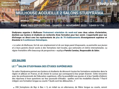 Mulhouse accueille 2 salons Studyrama au Parc des Expositions