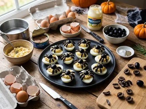 Œufs mimosa  au thon avec tarentules pour Halloween