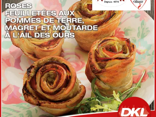 Roses feuilletées aux pommes de terre, magret et moutarde à l’ail...