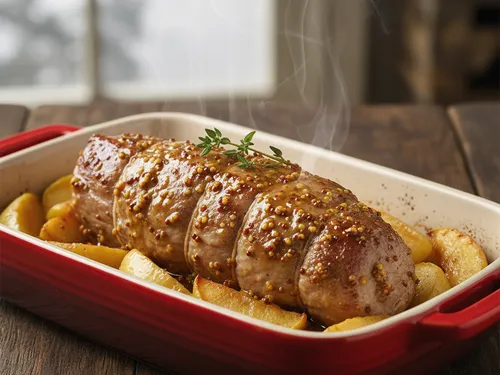 Filet mignon de porc à la moutarde, miel et pommes caramélisées