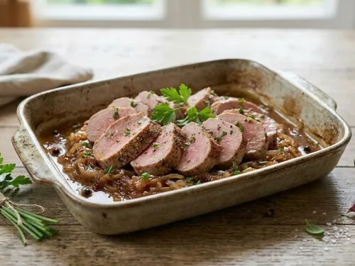 Filet mignon de porc aux oignons caramélisés