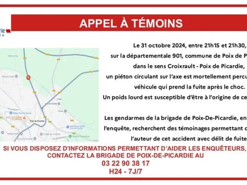 Poix-de-Picardie : un chauffard recherché après avoir tué un piéton