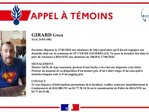 Loire : La gendarmerie lance un appel à témoins pour retrouver un...