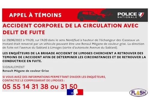 Limoges : appel à témoins après un accident et un délit de fuite