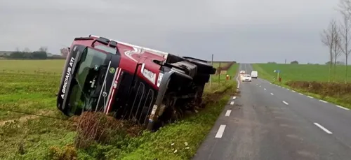 Saint-Sauveur-de-Flée. Un poids-lourd couché sur la RD923