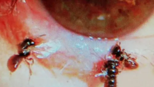 Elle consulte pour un œil gonflé, on y découvre quatre abeilles