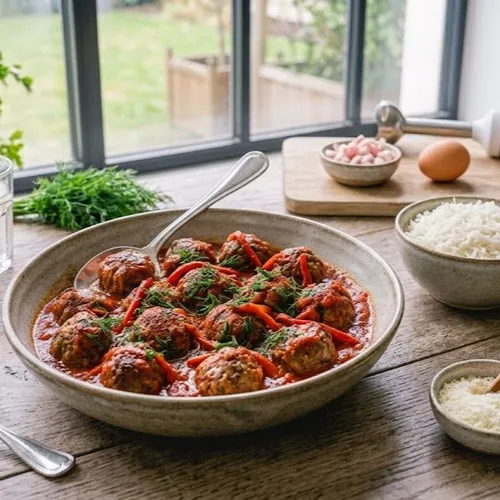 Boulettes de viande à la sauce tomate et poivrons
