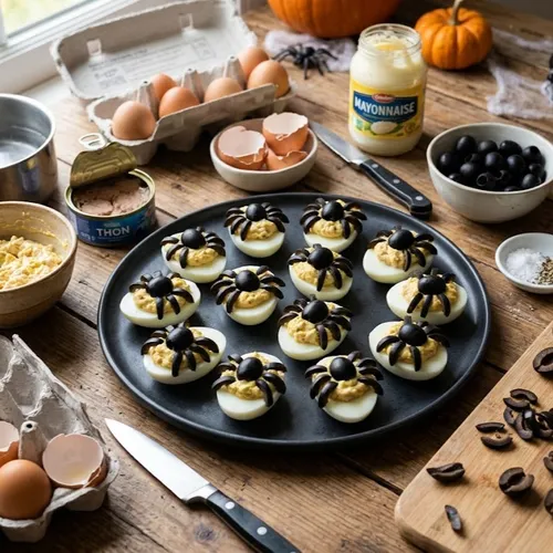 Œufs mimosa  au thon avec tarentules pour Halloween