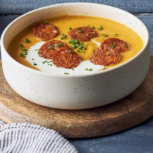 Soupe de potimarron, pommes de terre et chips de chorizo
