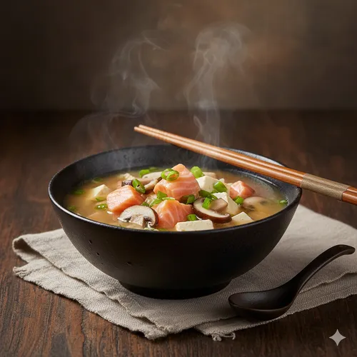 Soupe miso au saumon et champignons