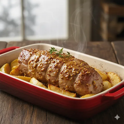 Filet mignon de porc à la moutarde, miel et pommes caramélisées