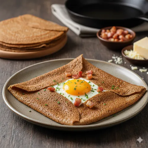 Crêpes salées à la farine de sarrasin, œuf et lardons