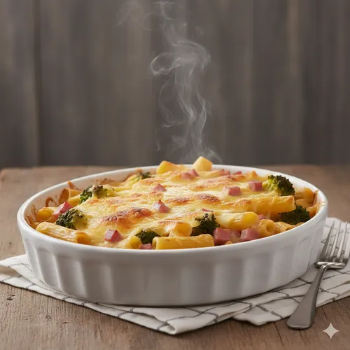 Gratin de pâtes au brocoli, gouda et jambon
