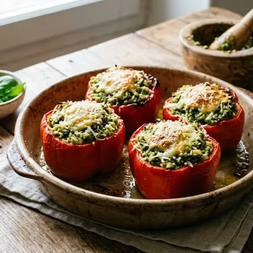 Poivrons farcis de riz au pesto