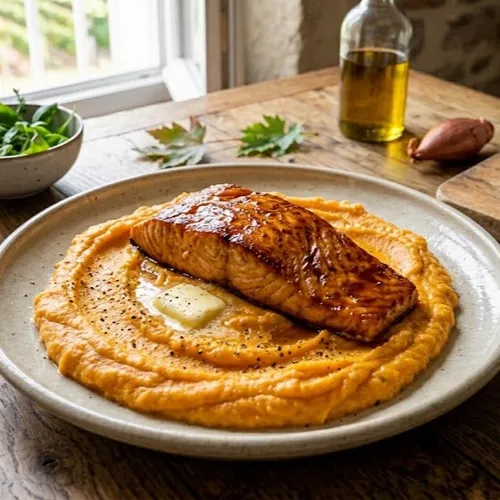 Saumon laqué au sirop d'érable et purée de patates douces