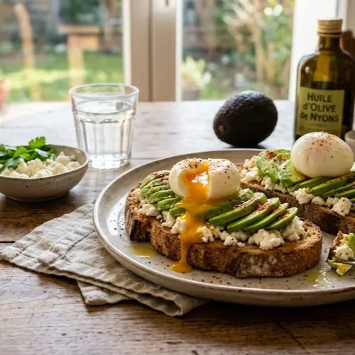  Tartine à l'avocat, feta et œuf coulant