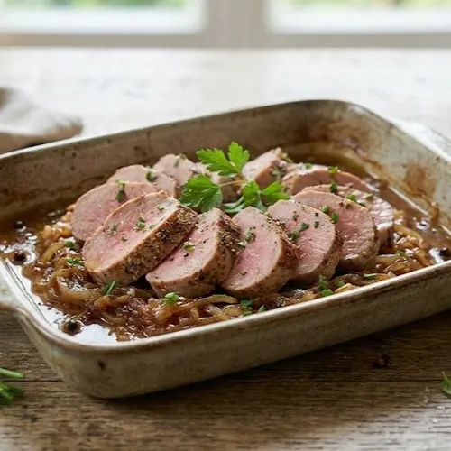 Filet mignon de porc aux oignons caramélisés