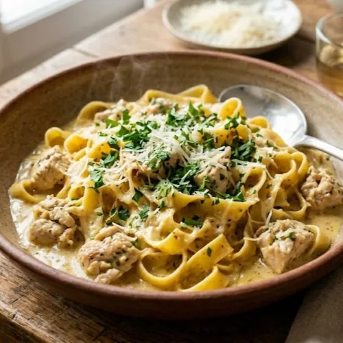 Tagliatelles au poulet, sauce crème et moutarde