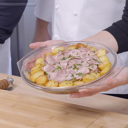 Endives caramélisées, pommes de terre sautées, tranches d'andouille