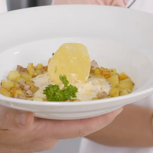 Pavé d'agneau poêlé et tranches de légumes snackées