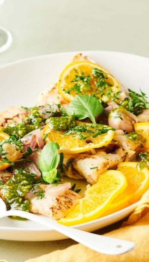 Bar grillé à l’orange et sa sauce aux pistaches